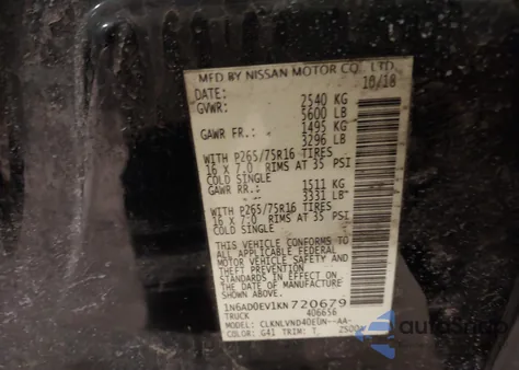 2019 Nissan Frontier S/Sv/Sl/Pro-4X z USA, uszkodzony, nr VIN 1N6AD0EV1KN720679